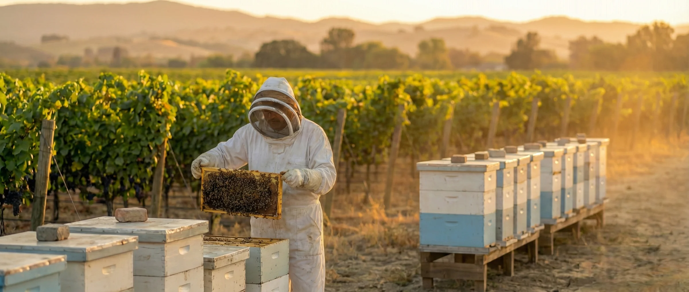 Beekeeper inspecting hives in a Tri-Valley vineyard