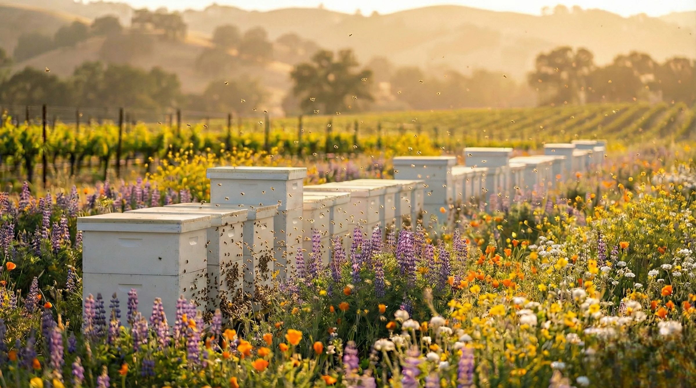 Beehives among wildflowers in a Tri-Valley vineyard