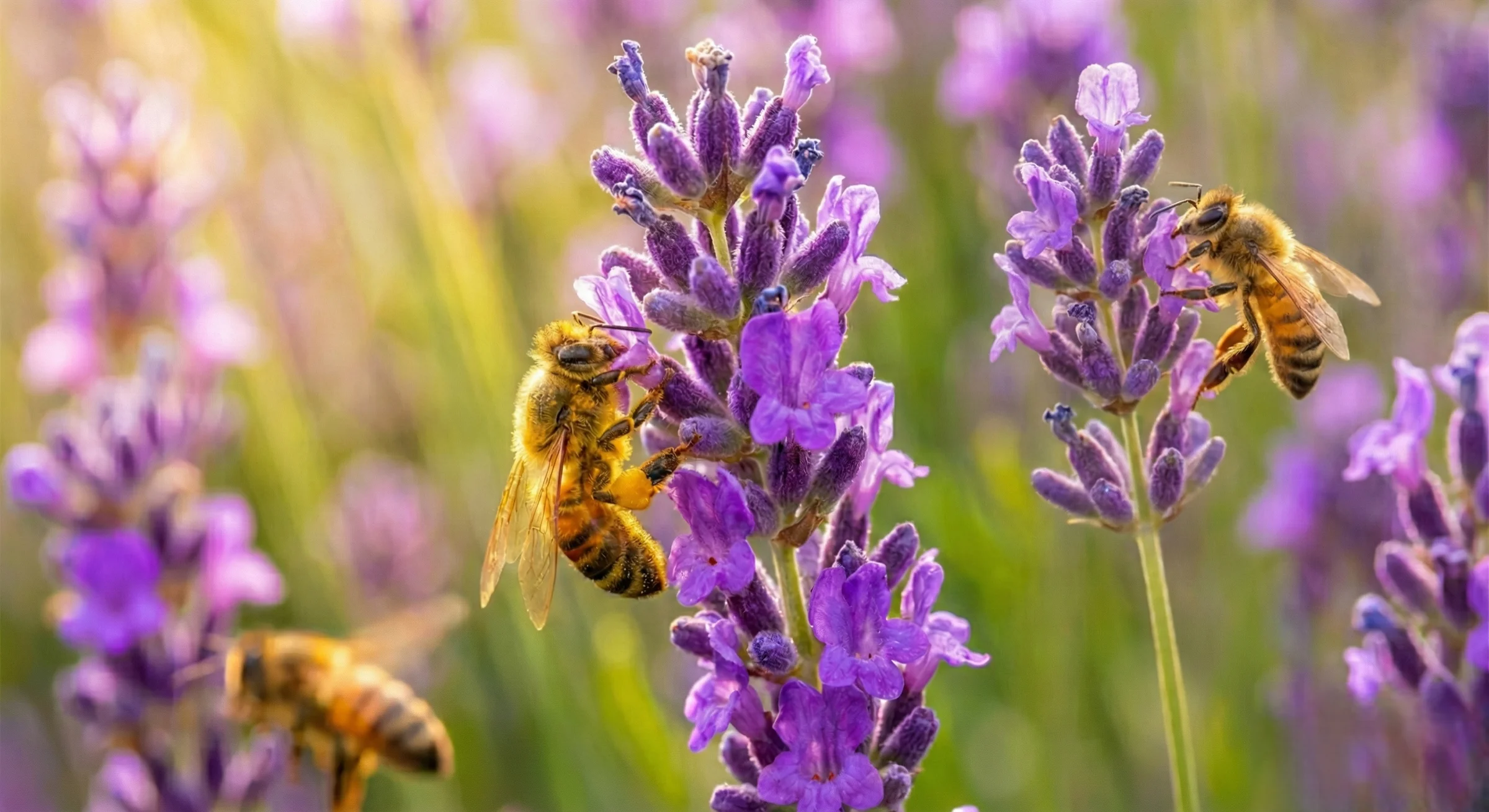 Honeybees foraging on lavender wildflowers in the Tri-Valley
