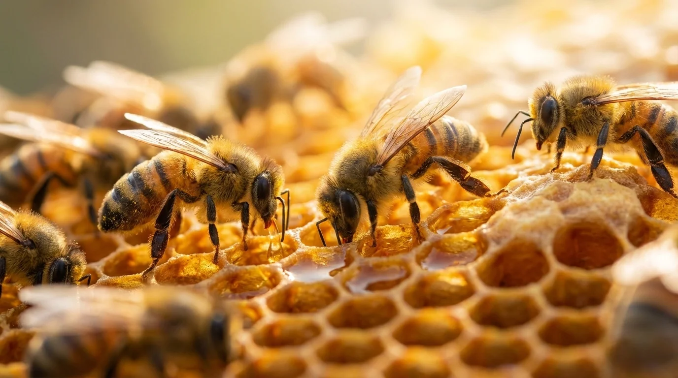 Honeybees working on golden honeycomb
