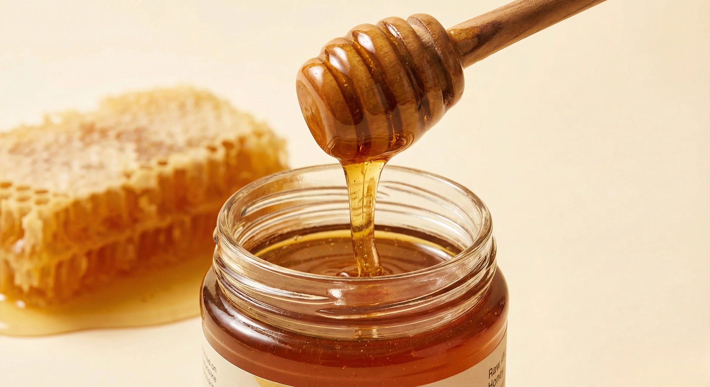 Golden raw honey dripping into a glass jar